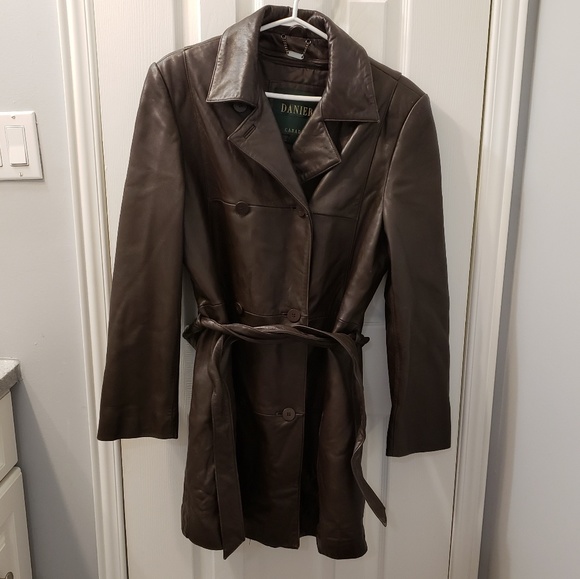 DANIER Brown Genuine Leather Belted Coat - Picture 1 of 8
